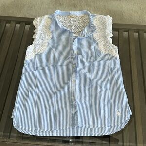 JACK WILLS~Size 2~Lace & Pinstriped Sleeveless Button Up Blouse ~